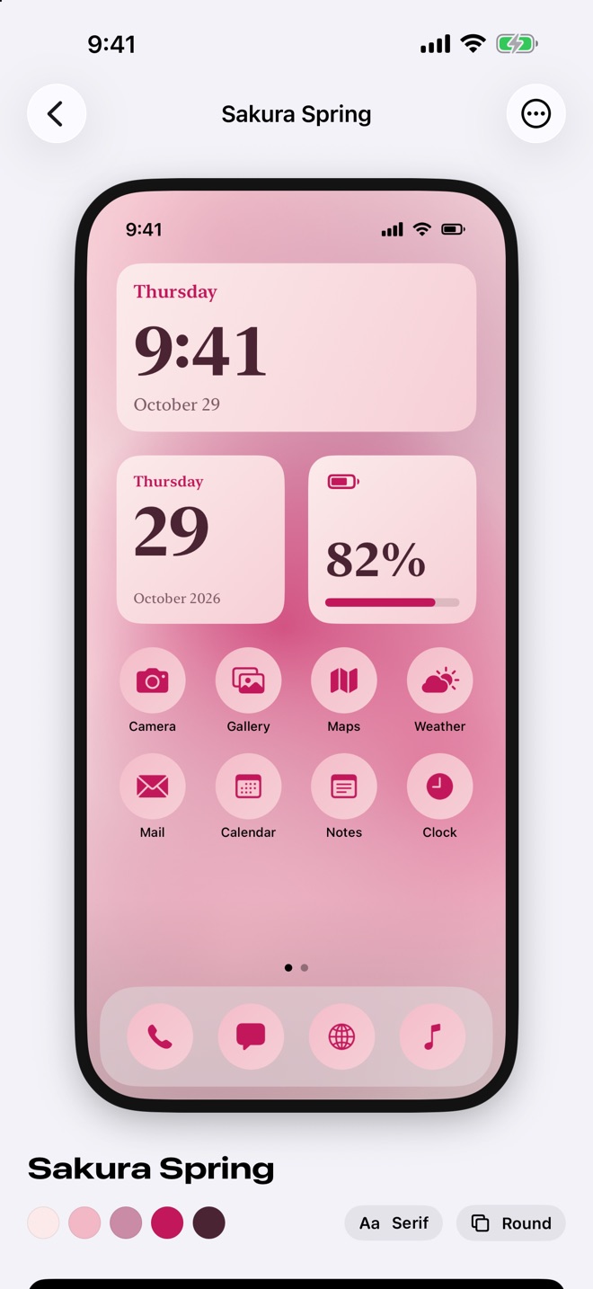 A Sakura Spring theme on an iPhone preview: pink clock, calendar and battery widgets with matching icons